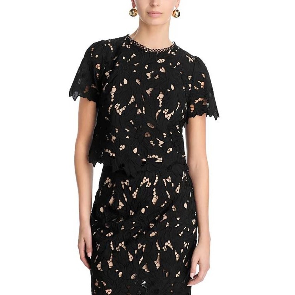 AQUA Guipure Lace Top Black Short Sleeve Lined Scalloped M Bloomingdale's NWT